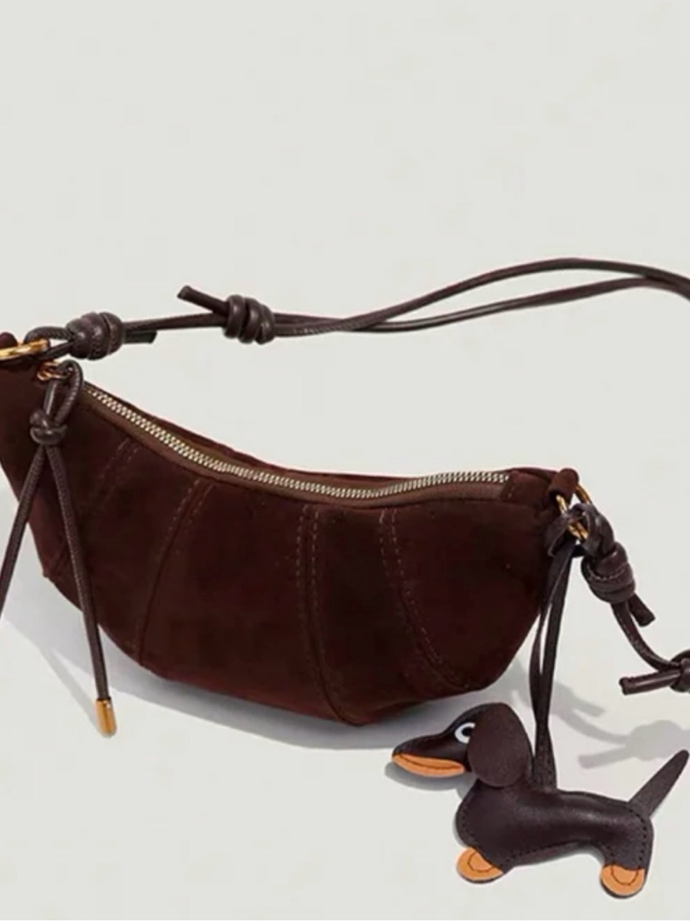Suede Crescent Shoulder Bag with Dog Charm - Brown